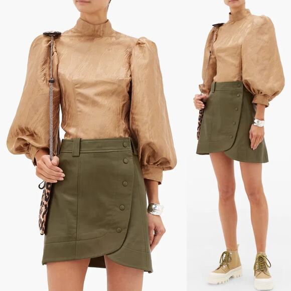 GANNI NWT Satin Brocade Jacquard Puff Sleeve Blouse Top in Gold Size 8/10 - Picture 1 of 16